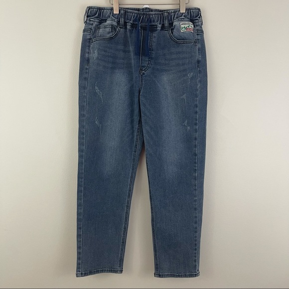 JEEP Dark Wash Denim High Waisted Embroidered Stitch Drawstring Waist Jeans - Picture 2 of 12